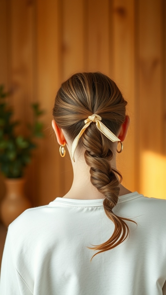 A simple ponytail with a golden ribbon, showcasing long hair styled elegantly.