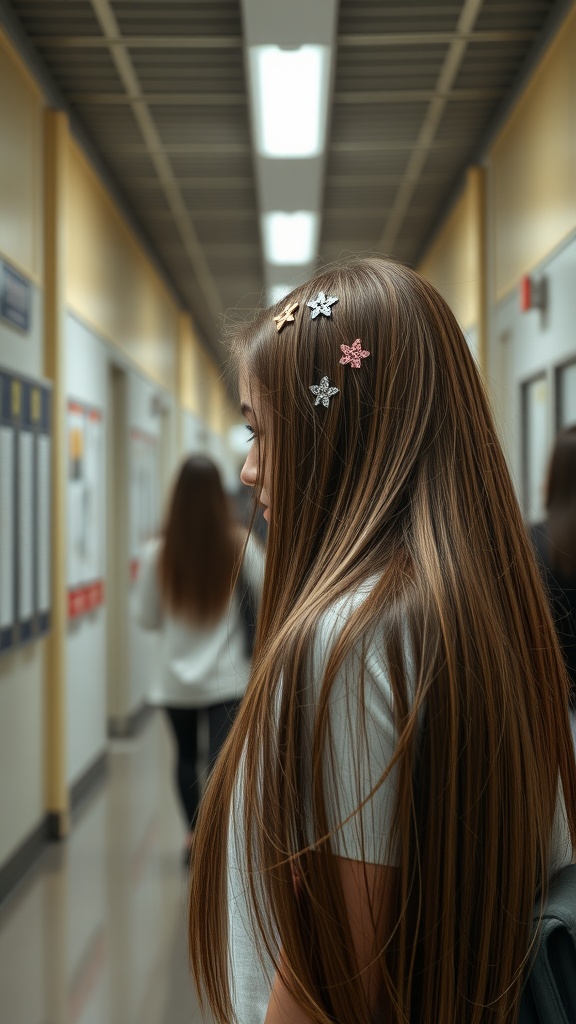 A student with long, straight hair adorned with colorful clips walking in a school hallway.