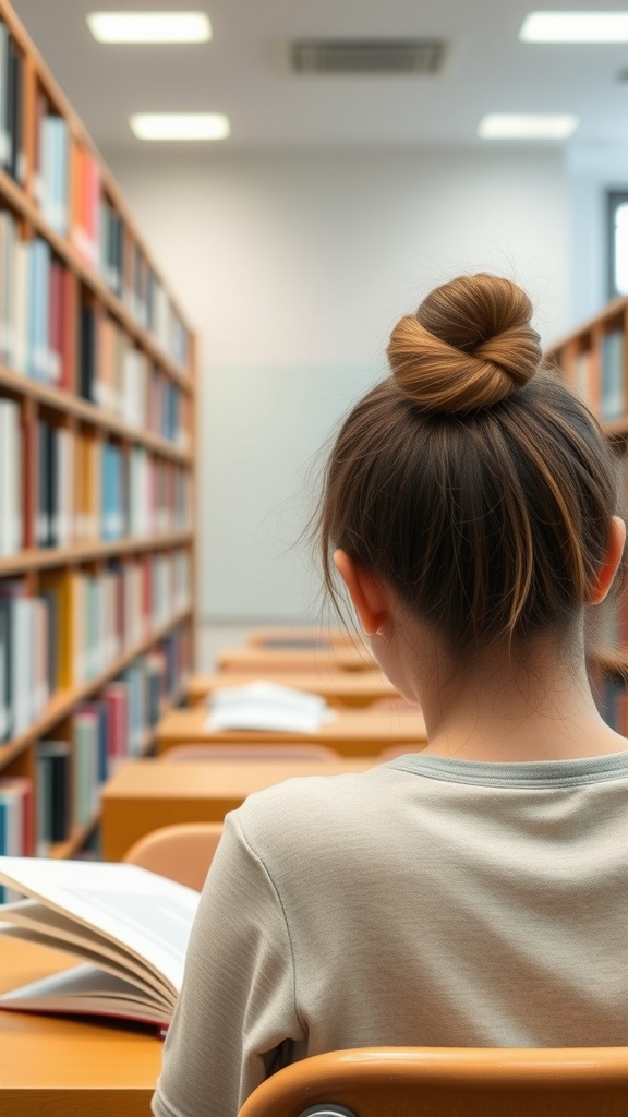 A student with a simple top knot hairstyle sitting in a library with books around.