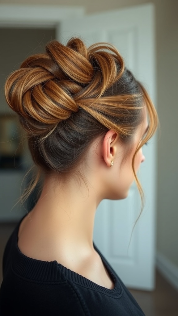 A woman with long hair styled in a simple twist bun secured with hair pins.