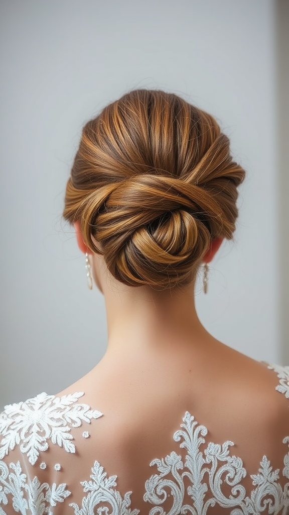 A back view of a woman with a simple twisted updo hairstyle, showcasing elegant twists and a polished finish.