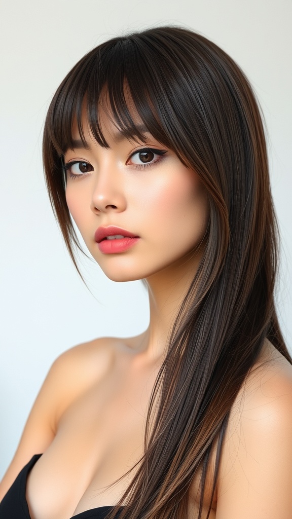 A woman with sleek, straight hair and subtle layers, showcasing a fresh and elegant hairstyle.