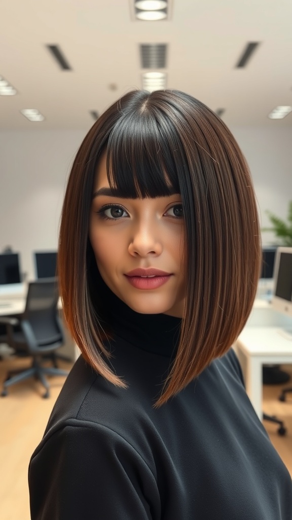 A woman with a sleek bob hairstyle and a middle part, showcasing a polished and sophisticated look.