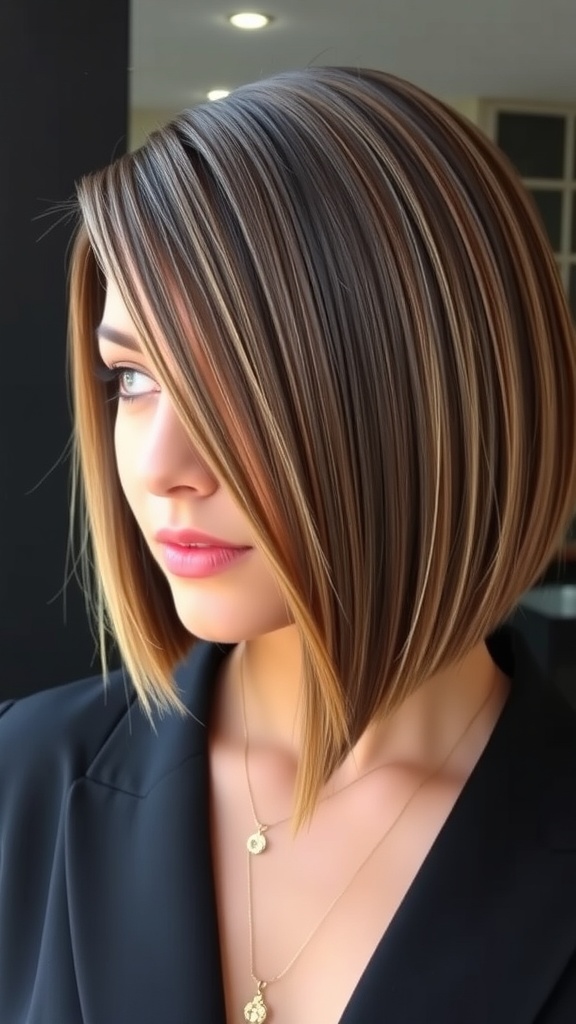 A woman with a sleek bob hairstyle featuring a side part, showcasing a blend of colors and a polished look.