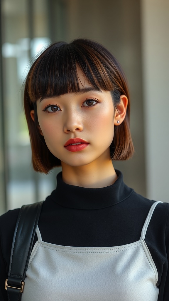 A person with a sleek bowl cut hairstyle, showcasing a polished and modern look.