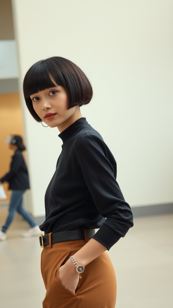 A person with a sleek bowl cut hairstyle, wearing a black top and brown pants, standing in a modern indoor setting.