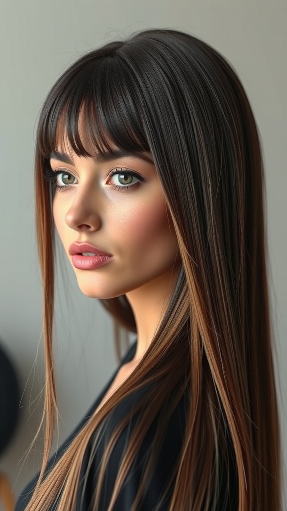 A model with long, sleek hair showcasing a butterfly haircut with layers and bangs.
