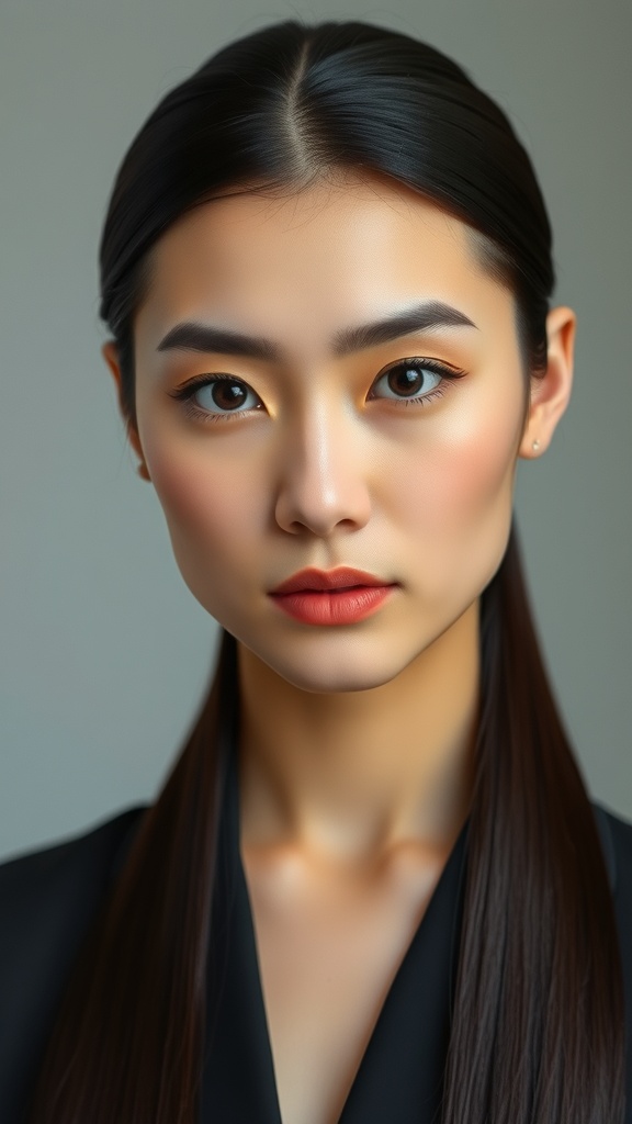 A portrait of a person with sleek, straight hair parted in the center, showcasing a sophisticated and elegant hairstyle.
