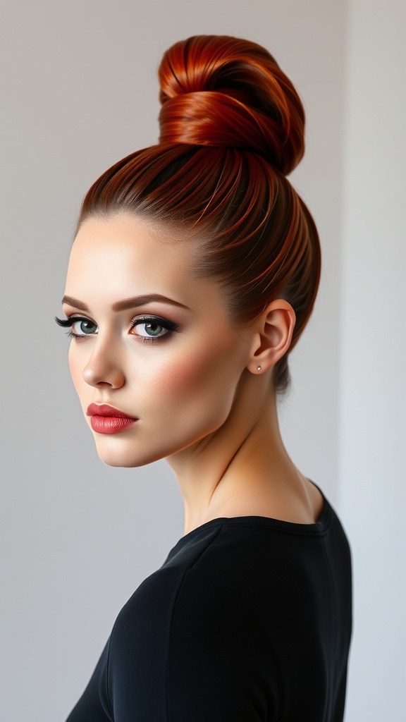 A sleek cherry bomb ponytail hairstyle showcasing smooth, vibrant red hair.