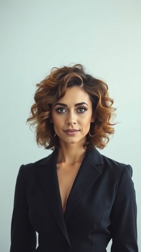 A woman with a sleek curly lob hairstyle, wearing a black blazer, with defined curls framing her face.