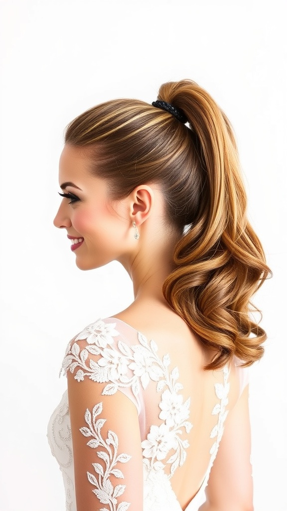 A bride with a sleek high ponytail hairstyle, showcasing a modern and elegant look.