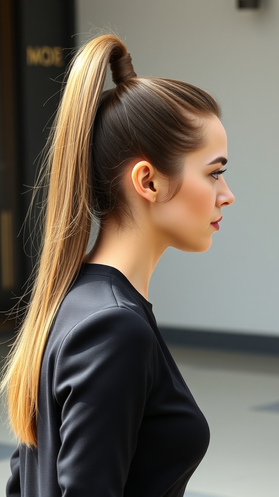 A woman with a sleek high ponytail, showcasing a polished hairstyle.