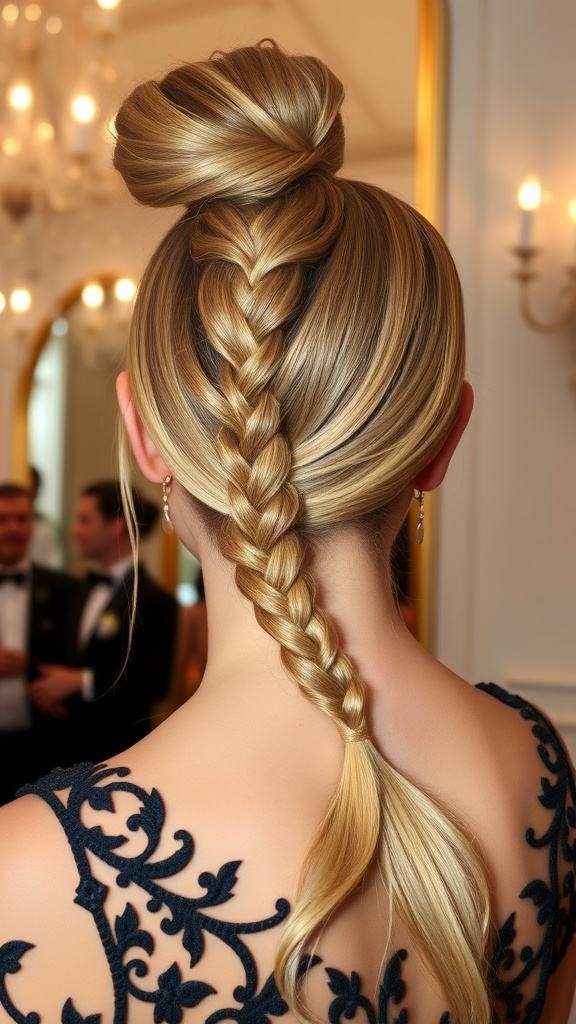 A sleek high ponytail with braided accents, showcasing a polished and stylish hairstyle.