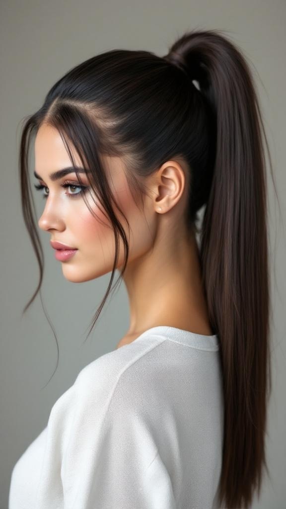 A model with a sleek high ponytail and a hair wrap, showcasing a polished hairstyle.