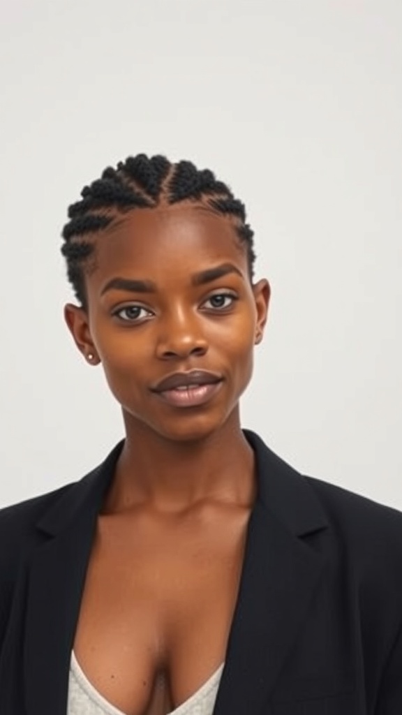 A woman with sleek locs styled in a center part, wearing a black blazer.