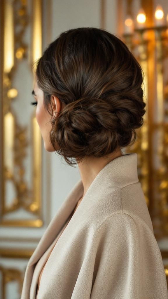 A woman with a sleek low bun hairstyle, showcasing elegance and class.