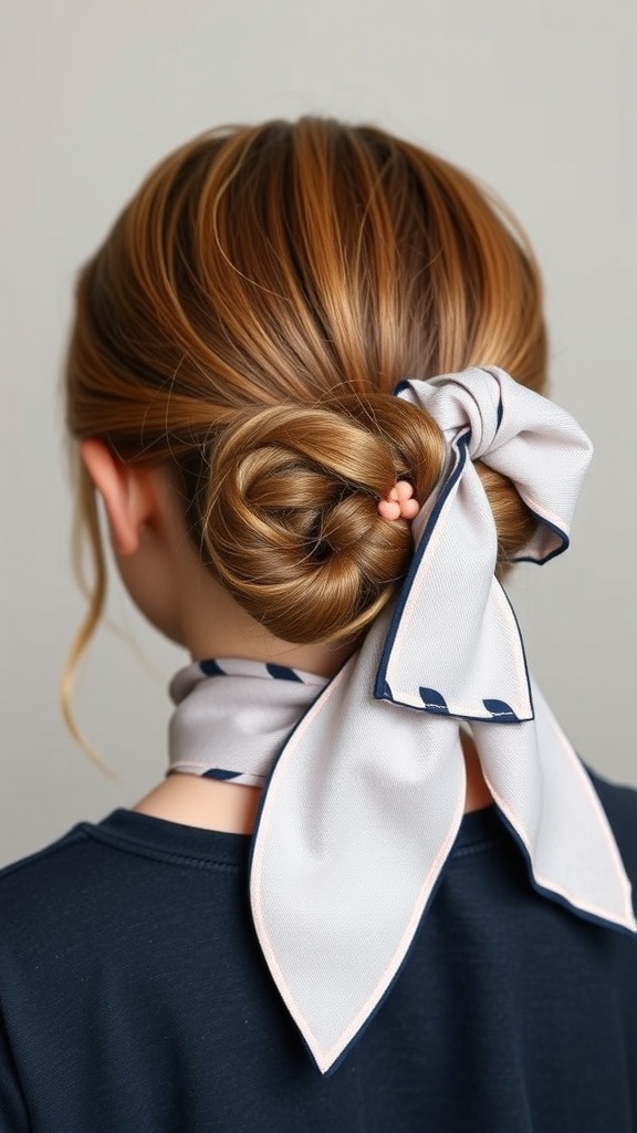 A sleek low bun hairstyle adorned with a light-colored hair scarf tied in a bow.