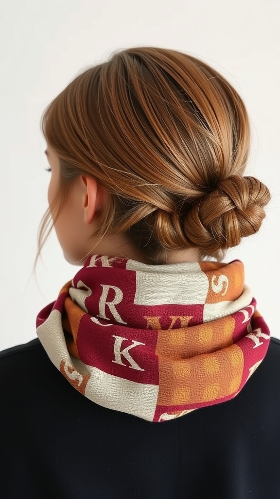 A sleek low bun hairstyle with a colorful hair wrap, showcasing a stylish and elegant look.