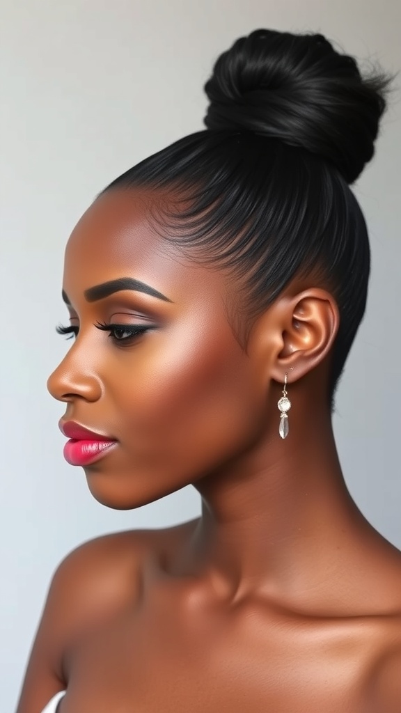 A profile view of a woman with a sleek low bun hairstyle, showcasing natural edges and wearing earrings.