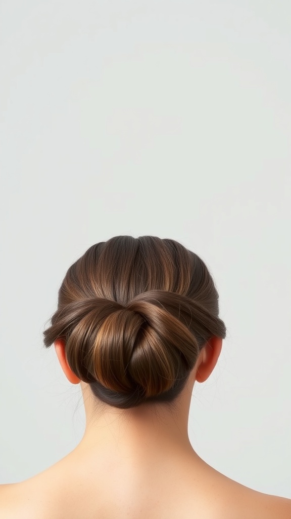A woman with a sleek low bun hairstyle and parted bangs, showcasing a stylish look suitable for an oval-shaped face.