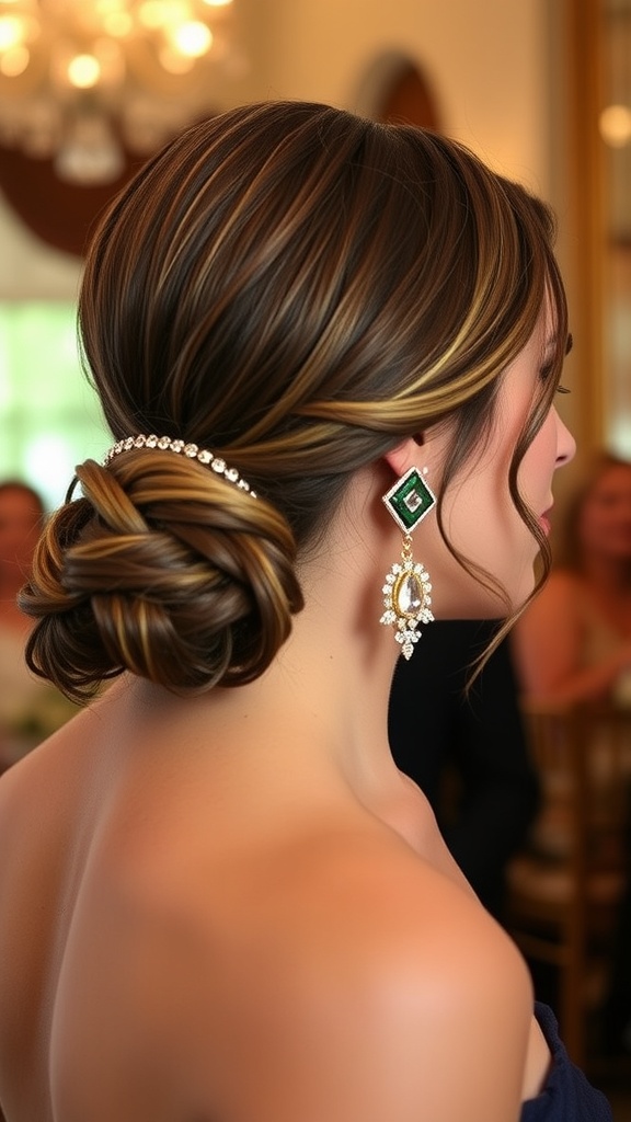 A woman with a sleek low bun hairstyle adorned with statement earrings, showcasing a chic and elegant look.