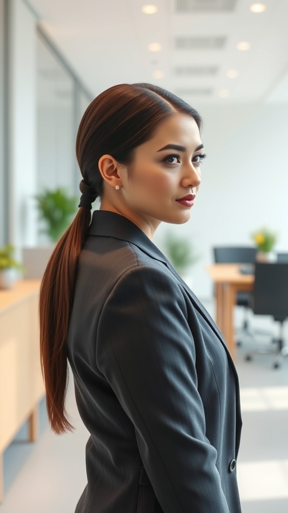 A woman with a sleek low ponytail wearing a tailored suit in an office setting.