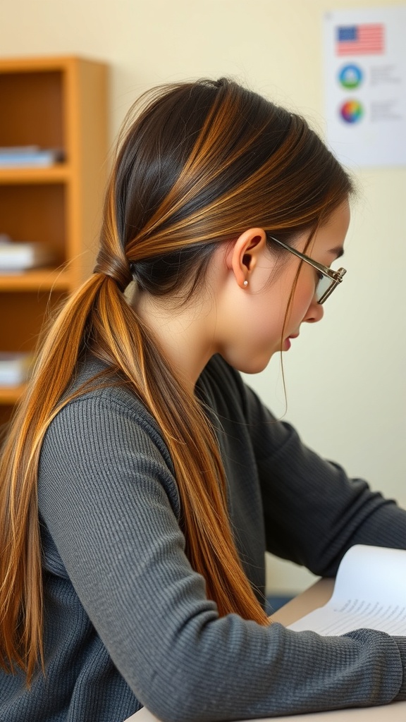 A student with long hair styled in a sleek low ponytail, sitting at a desk in a classroom.