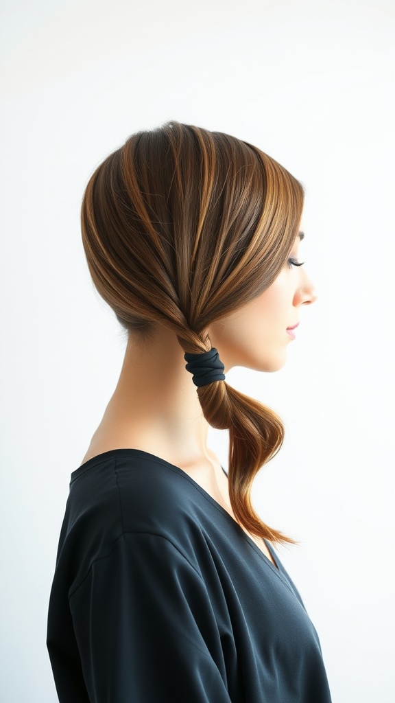 A woman with long, sleek hair styled in a low ponytail, showcasing a polished and elegant look.