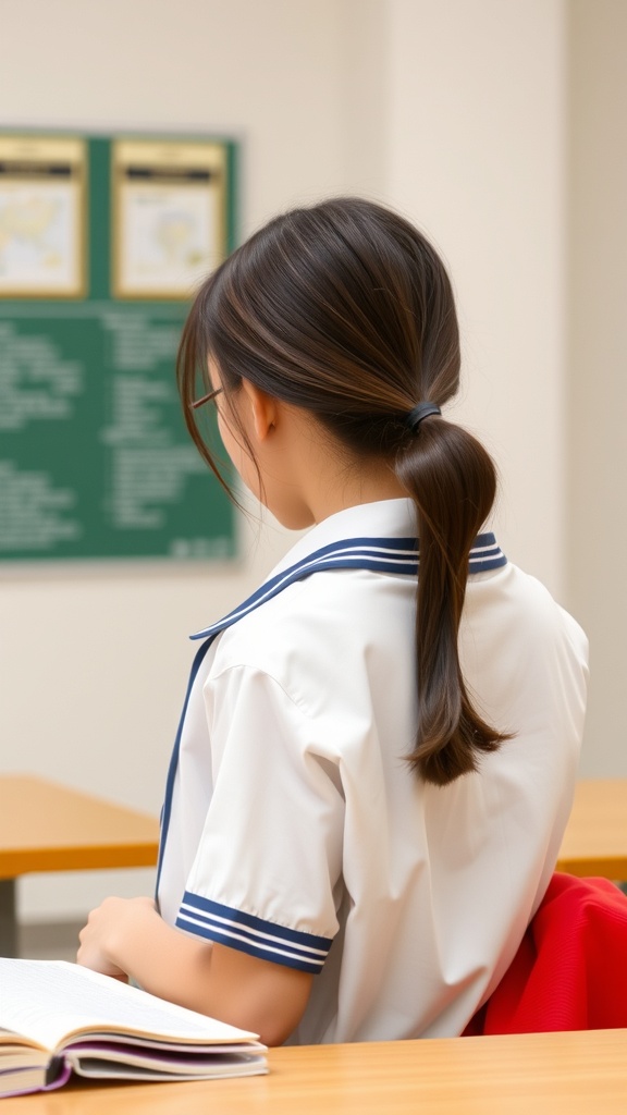 A student with a sleek low ponytail sitting at a desk in a classroom.