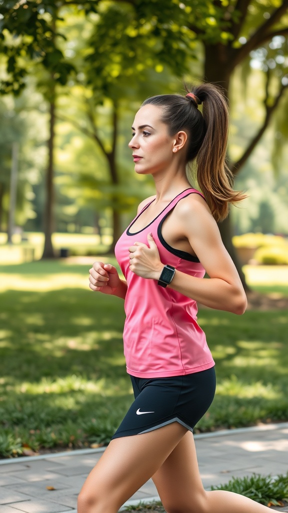 A woman jogging in a park with a sleek ponytail, wearing a pink workout top and black shorts.