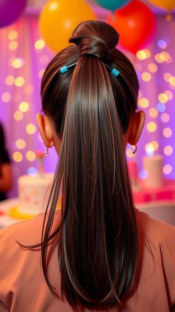 A sleek ponytail hairstyle with a twist, featuring colorful hair ties and a festive background.