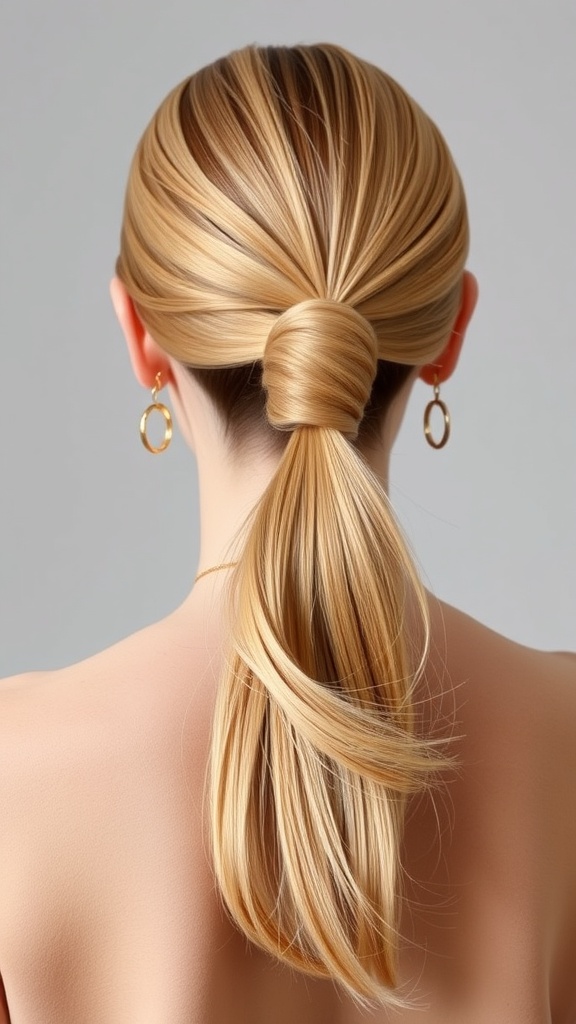 A sleek ponytail hairstyle with a wrapped base, showcasing smooth blonde hair and elegant earrings.