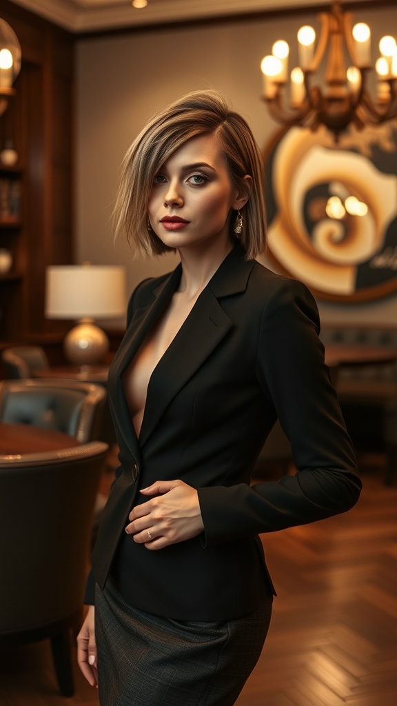 A woman with sleek shaggy hair wearing a black blazer, standing in a stylish interior.