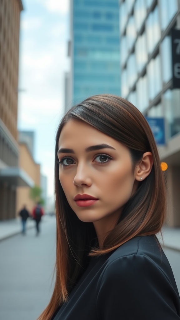 A woman with long, straight hair styled in a sleek side part, looking confidently at the camera in an urban setting.