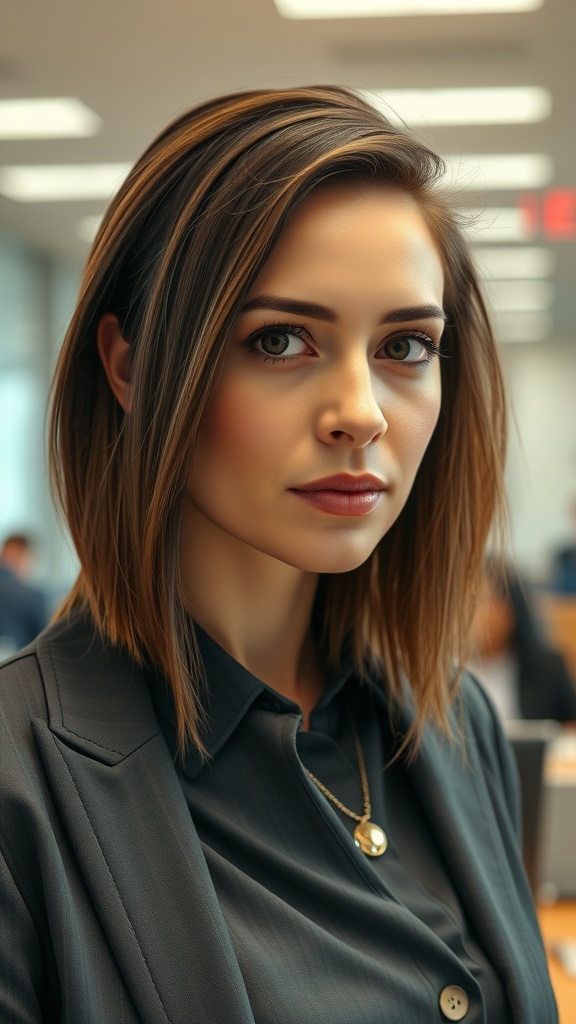 A woman with a sleek side part hairstyle, dressed professionally in an office setting.