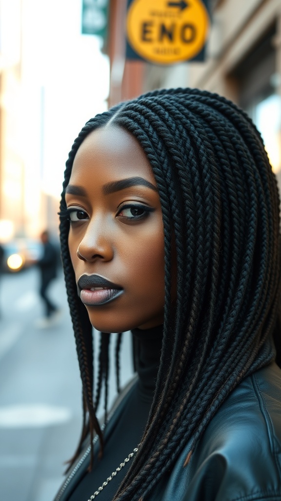A person with sleek straight dyed locs, showcasing a polished hairstyle.