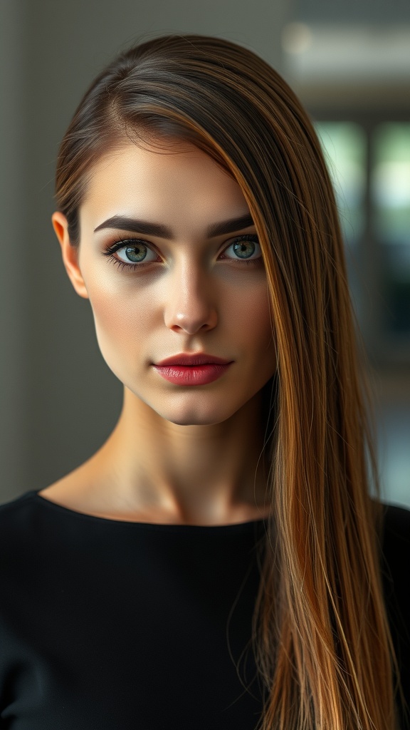 A woman with sleek straight hair and a center part, showcasing a polished hairstyle.