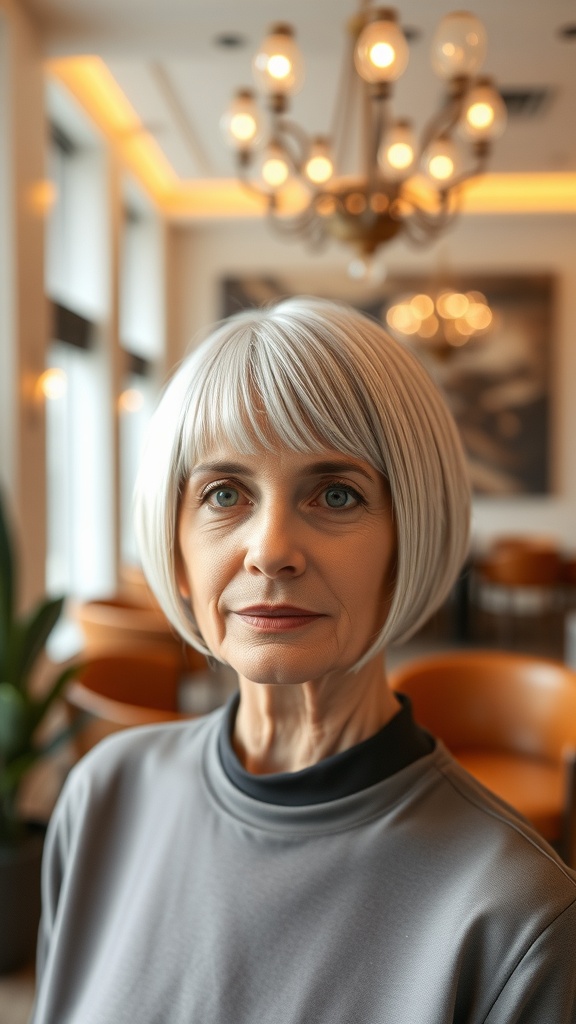A woman with sleek straight silver bob hairstyle, wearing a gray top, sitting in a cafe with warm lighting.