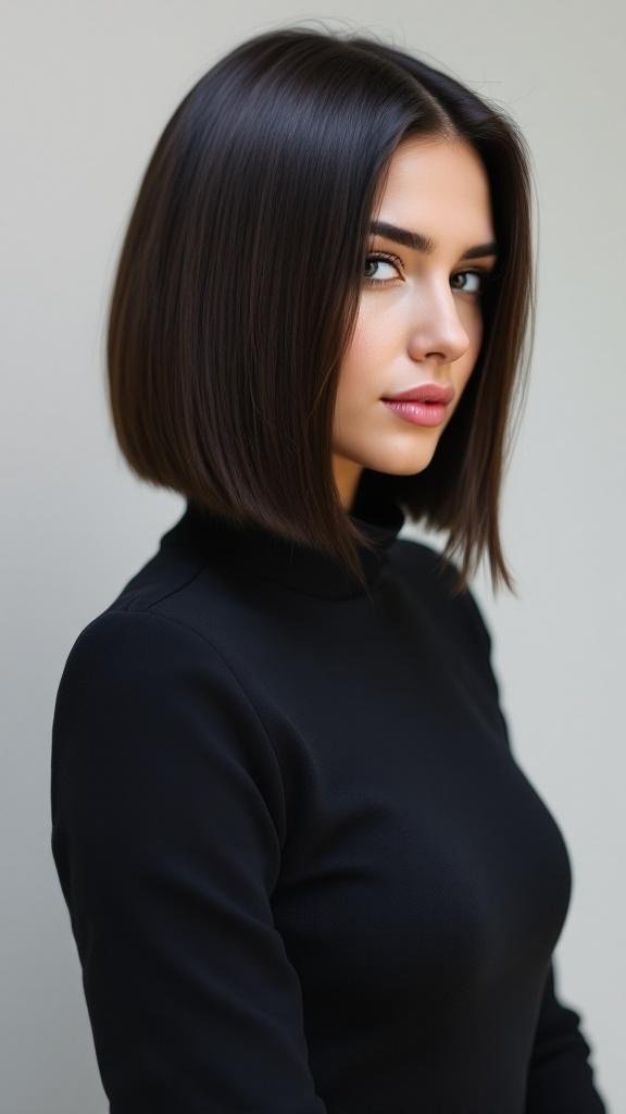 A woman with a sleek straight layered bob hairstyle, wearing a black top, showcasing a polished look.