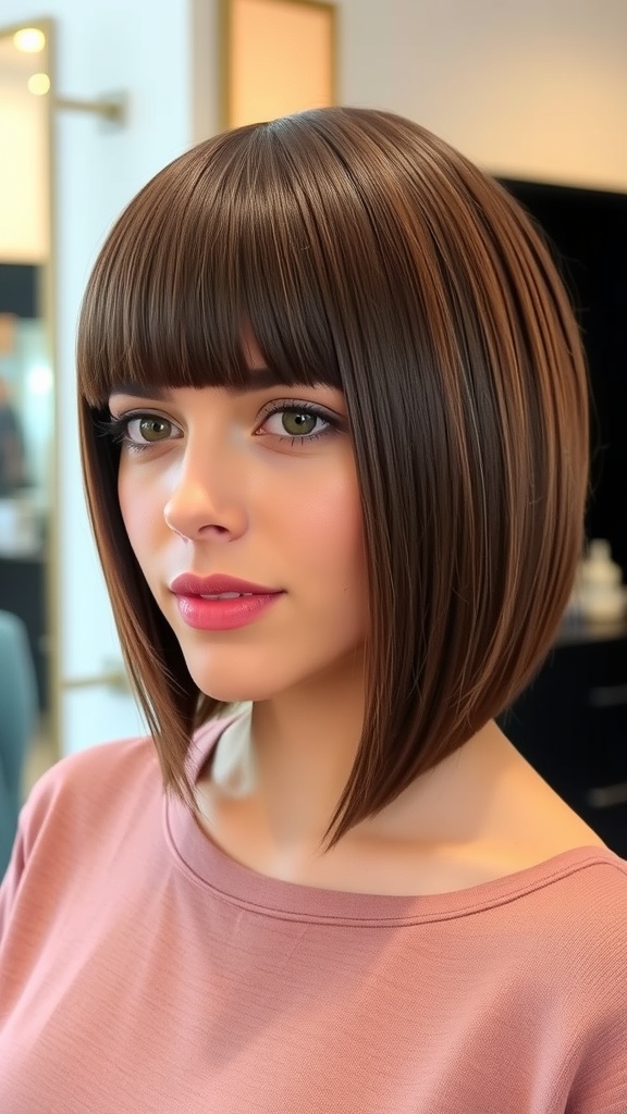 A mannequin displaying a sleek straight lob haircut, showcasing smooth and shiny hair.