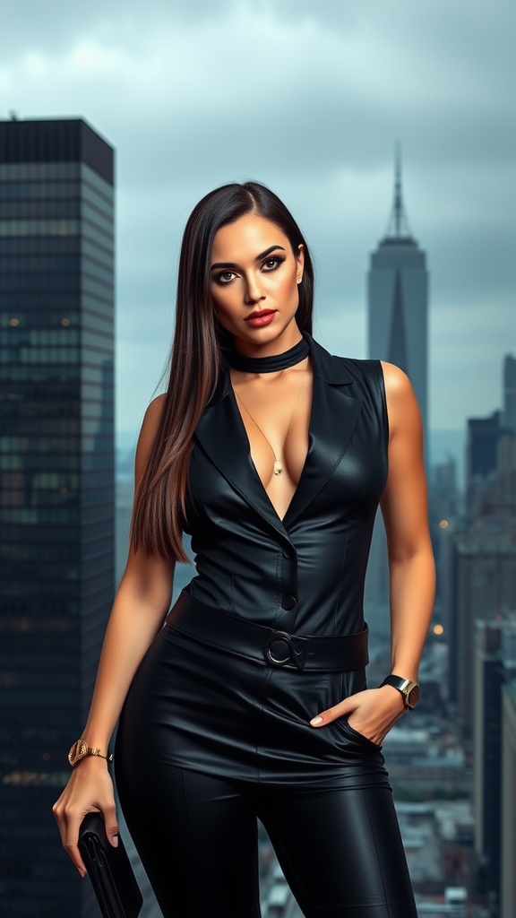 A stylish woman with sleek straight hair, wearing a chic outfit, set against a city skyline.