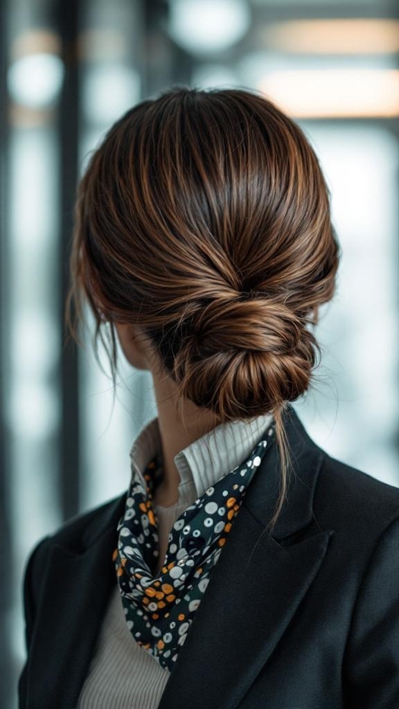 A woman with a sleek tucked low bun hairstyle, wearing a scarf and a blazer.