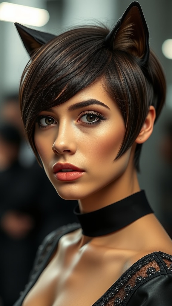 A close-up of a man with a sleek wolf cut hairstyle, showcasing a glossy finish and sharp lines.