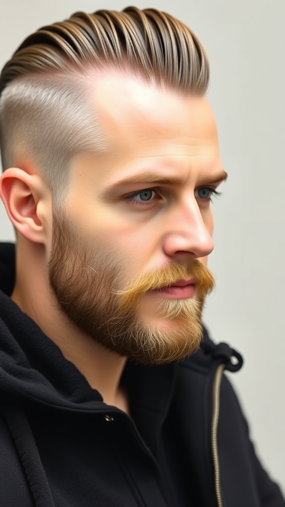 A man with slicked back hair and a well-groomed beard, showcasing a stylish look.