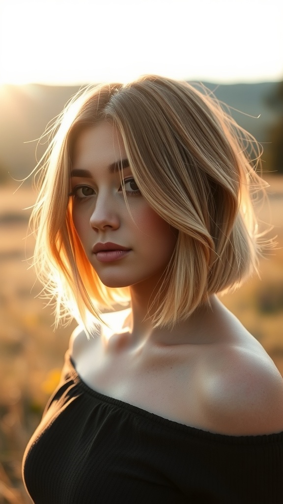 A woman with a soft bob hairstyle featuring an ombre effect, standing in a sunlit field.