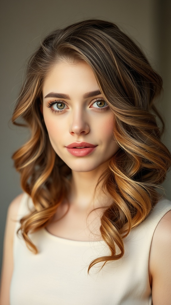 A woman with soft curls and a side part, showcasing a stylish hairstyle.