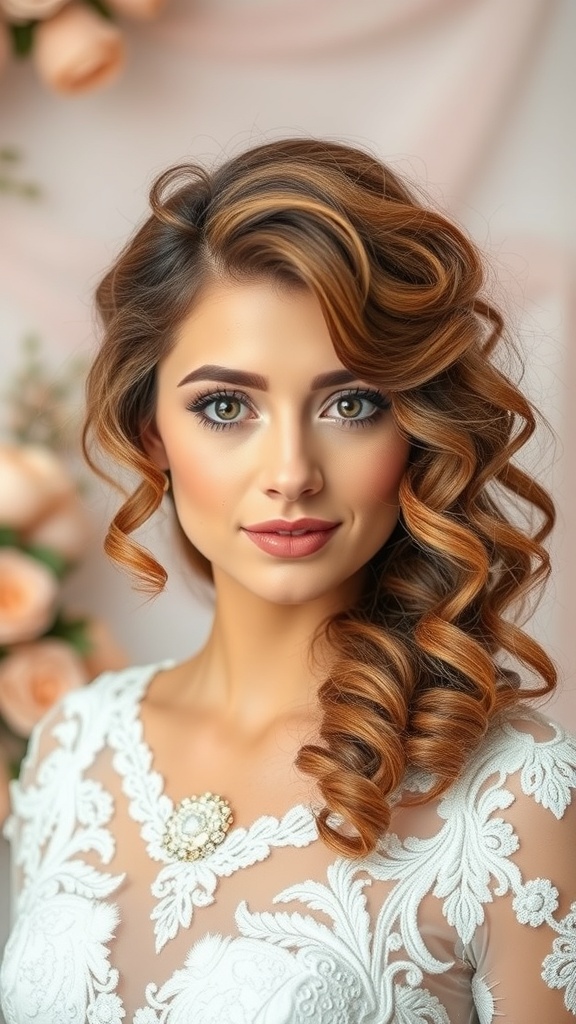 A woman with soft curly waves, wearing a white dress with floral details, set against a soft pink backdrop.