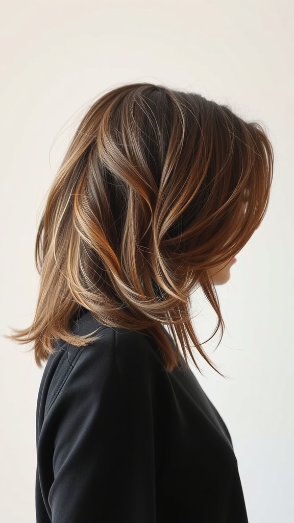 A brunette hairstyle featuring soft feathered layers, showcasing movement and volume.