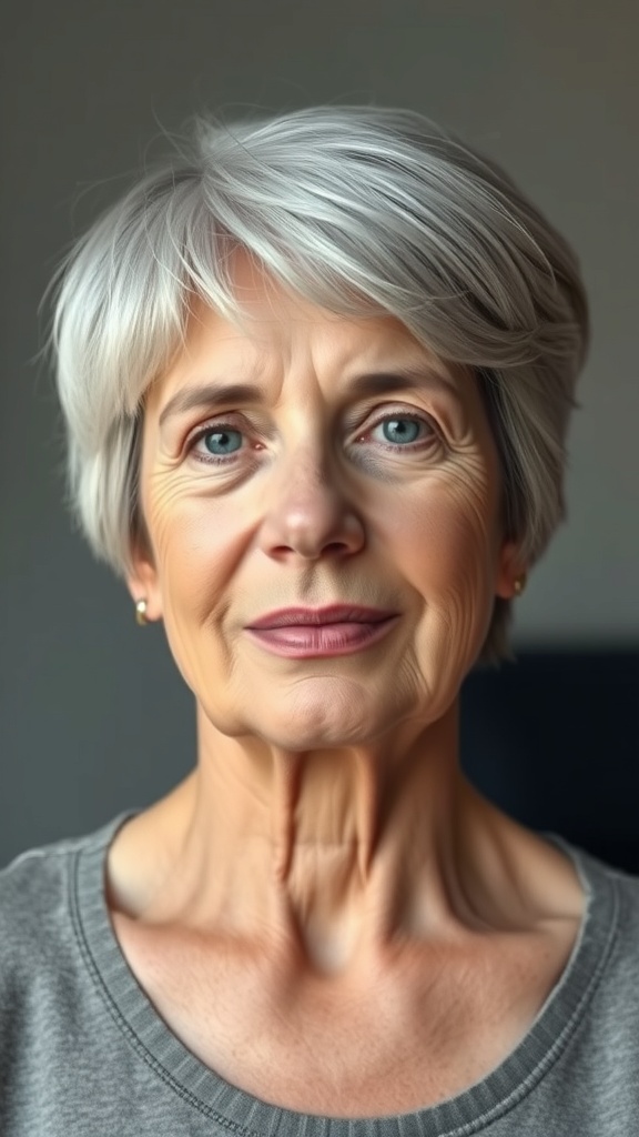A woman with short hair and a soft fringe, smiling warmly.
