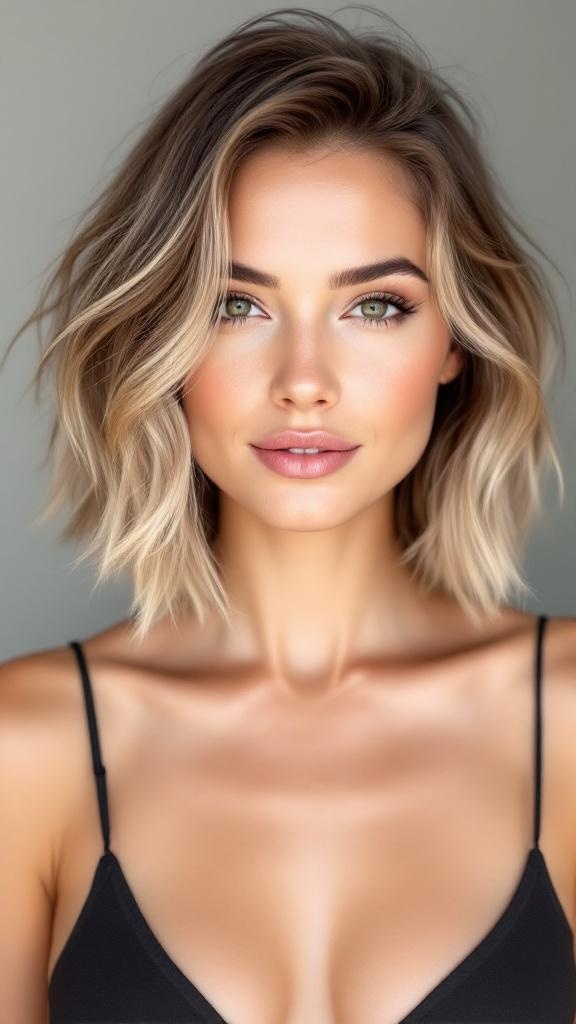 A woman with a soft layered bob hairstyle featuring natural highlights, showcasing a fresh and stylish look.